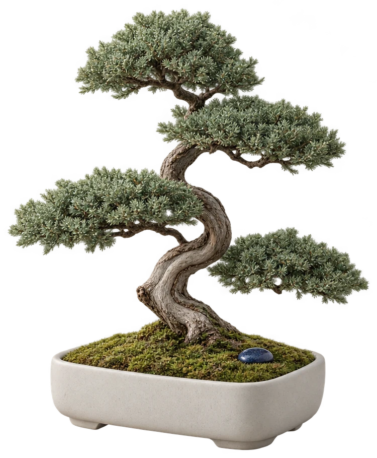 A juniper bonsai in a chalk-white ceramic pot