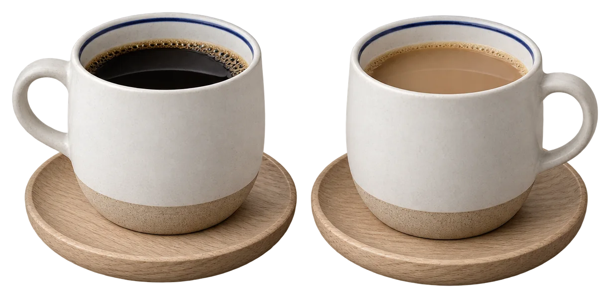 Two stoneware cups turned towards each other, as if in conversation
