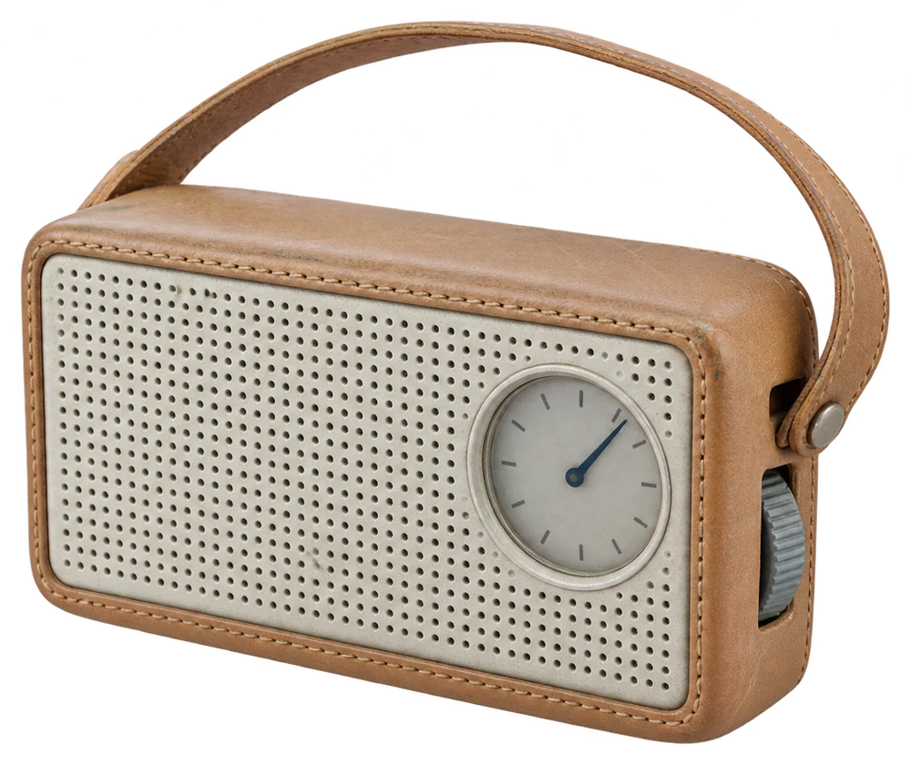 A portable radio in a tan leather case