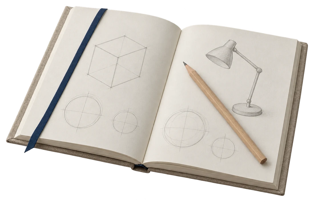 An open linen sketchbook with pencil drawings and an oak pencil
